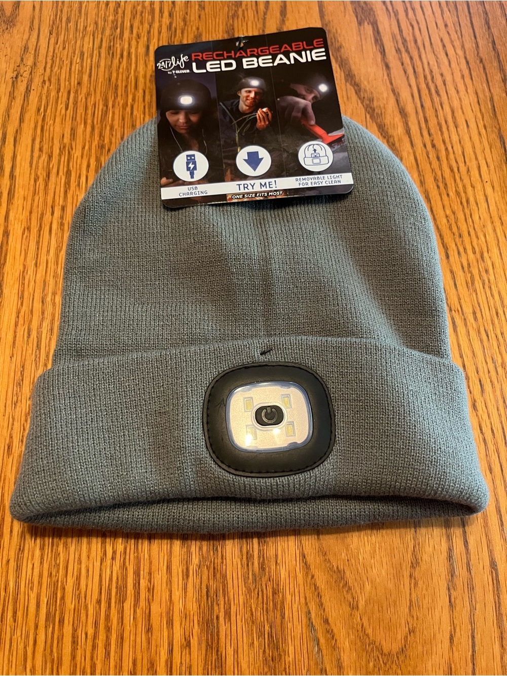 Rechargeable LED Beanie Hat - Gray Knit with Front Light